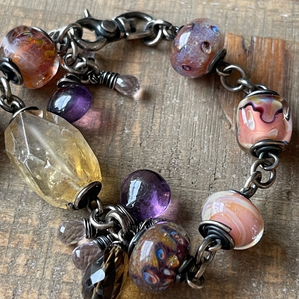 2 Handmade Sterling Glass Lampwork Beaded, quartz, gemstone bracelets & earrings